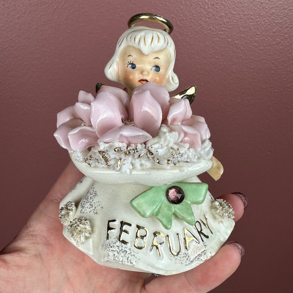 Vintage Lefton February Angel Valentines Figurine Violet Amethyst 489 Spaghetti